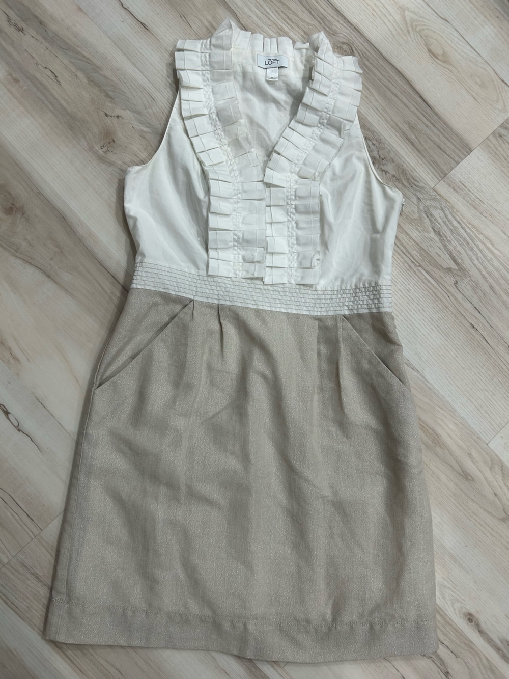 LOFT White and Tan Sleeveless Ruffle V-Neck Midi Dress